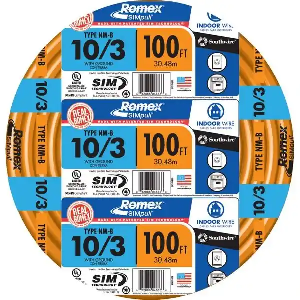 10/3 Non-metallic Building Wire, 100 Feet, Indoor Use