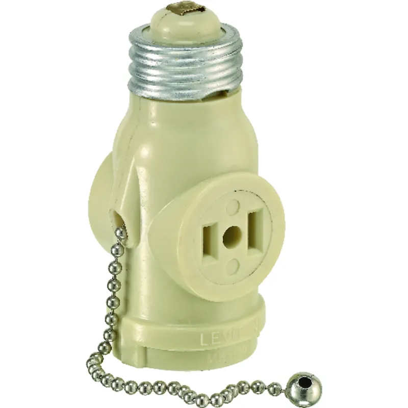 Leviton Plastic Medium Base Lampholder W/Outlet & Pull Chain 1 Pk
