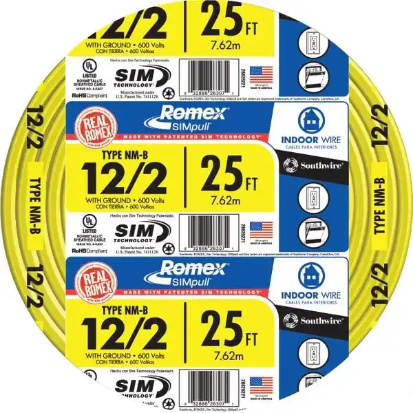 28828221 12/2 Non-metallic Building Wire, 25 Feet, Indoor Use