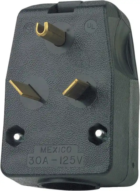 30 Amp 125-volt 2-pole Angle Travel Trailer Plug, Thermoplastic, Black