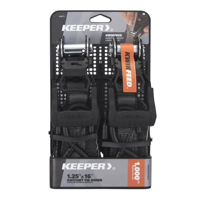 Keeper 43571 16‑ft Ratchet Tie‑Down Strap – 1.25 in Width, 1000 lb Capacity, KwikFeed® Webbing