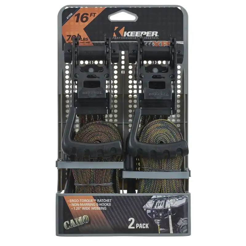 Keeper Ergo-Torque 1.25 In. W X 16 Ft. L Camo Tie Down W/Ratchet 700 Lb 2 Pk