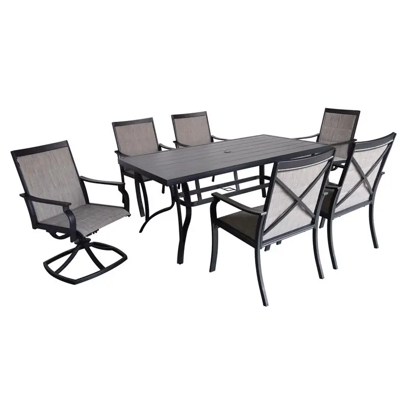 Clark 7 Piece Black Steel Casual Dining Set With Beige Cushions