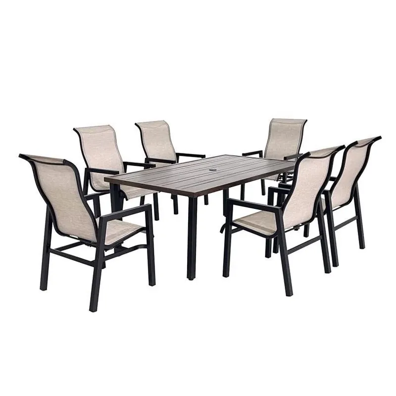 Living Accents Harston 7‑Piece Brown Steel Sling Dining Set – Outdoor Patio Furniture