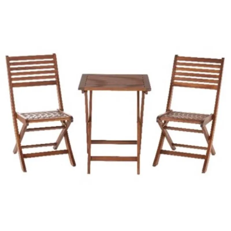 Brown Wood Outdoor Bistro Set – 3‑Piece Compact Patio Table & Chairs