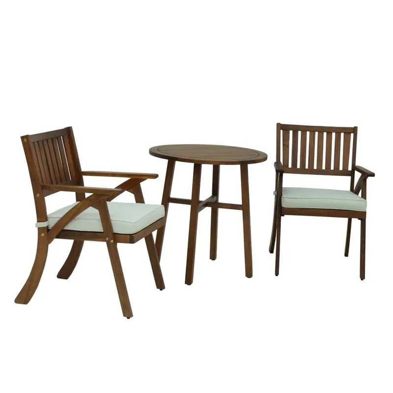 Living Accents Alwyn Brown Wood Round Bistro Set – 3‑Piece Outdoor Furniture With White Cushions