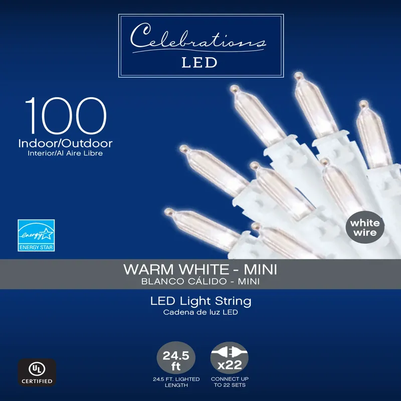 Led Mini Warm White 100 Count String Christmas Lights 24.5 Feet