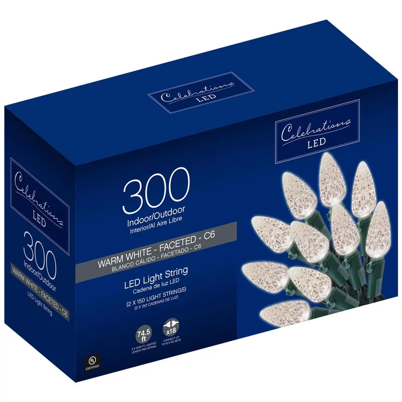 Celebrations Blue LED C6 Warm White 300 Ct String Christmas Lights 74.5 Ft.
