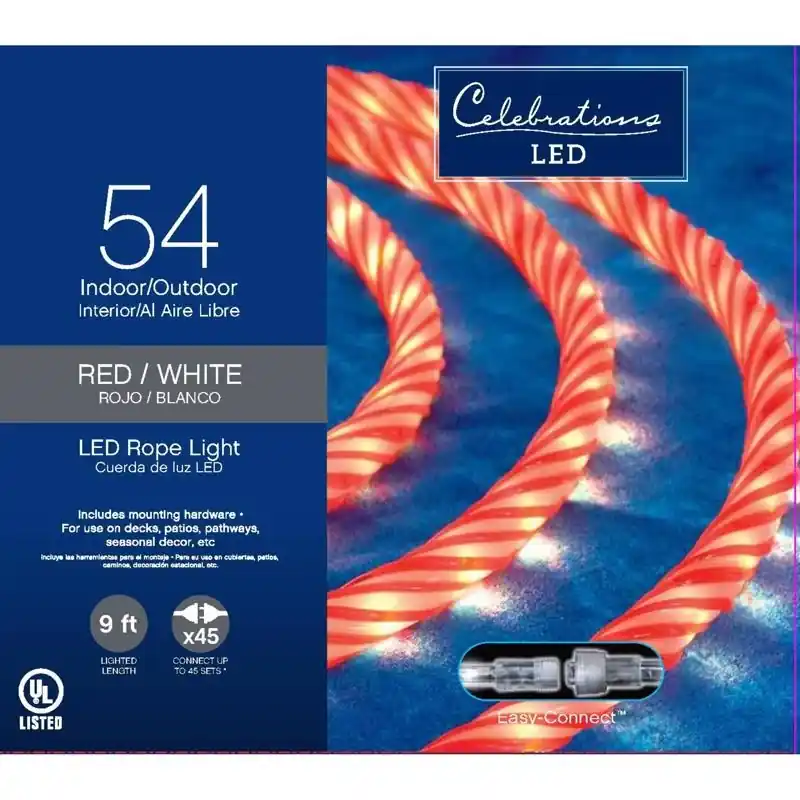 Celebrations LED Red/White 54 Ct Rope Christmas Lights 9 Ft.