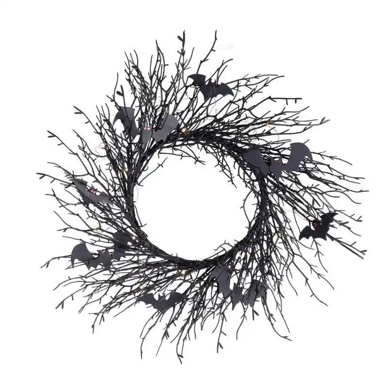 Celebrations 20 In. Led Prelit Black Twig Wreath With Purple Rice Lights