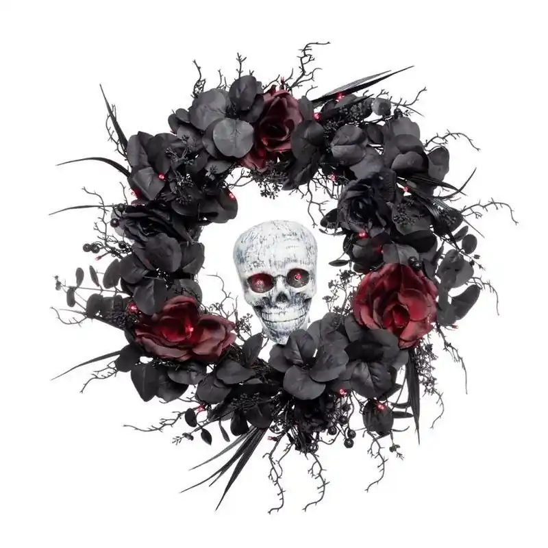 24‑Inch LED Halloween Wreath With Skull Motif – Celebrations