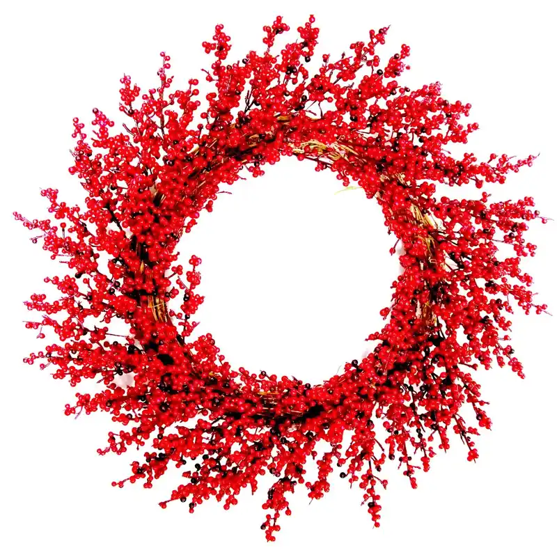 22 In. Diameter Red Cranberry Wreath - Unlit Grapevine And Plastic Design
