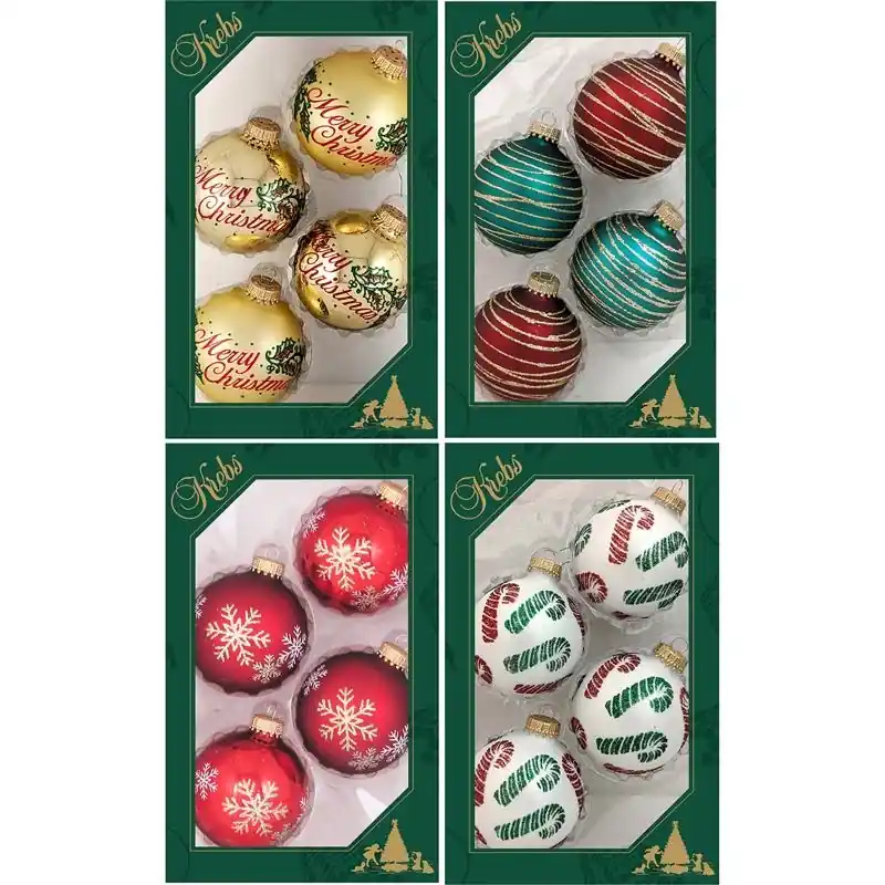 Gold, Green, Red, And White Ball Ornaments - Set Of 4