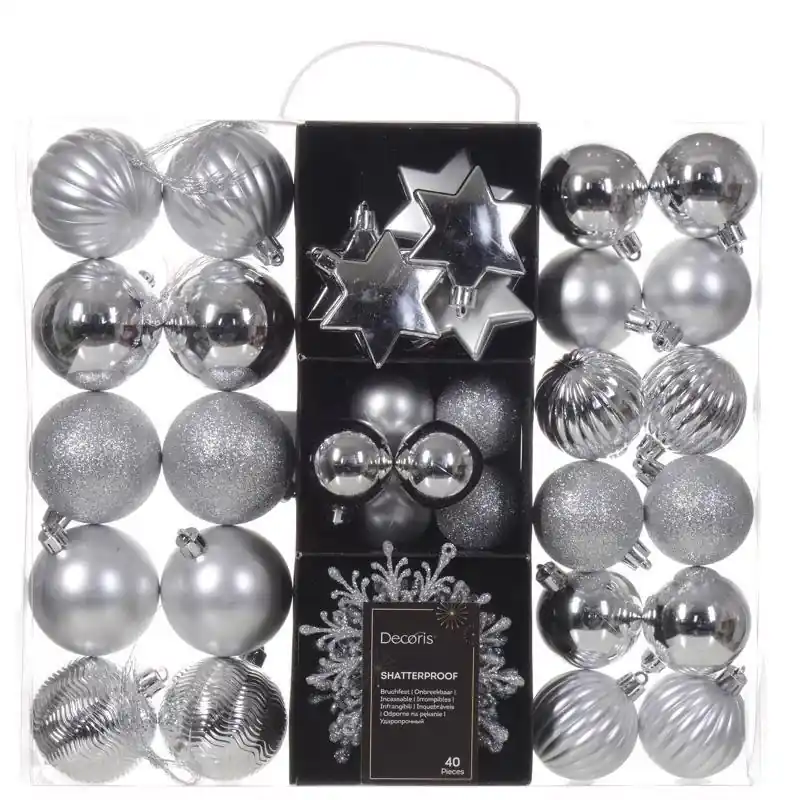 Decoris Silver Assorted Shatterproof Ornaments 2 In.
