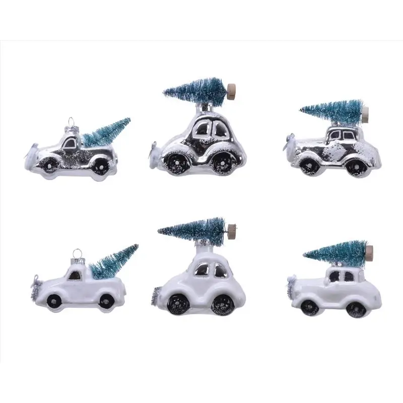 Decoris White And Blue Glass Car With Tree Ornament 4 Inch