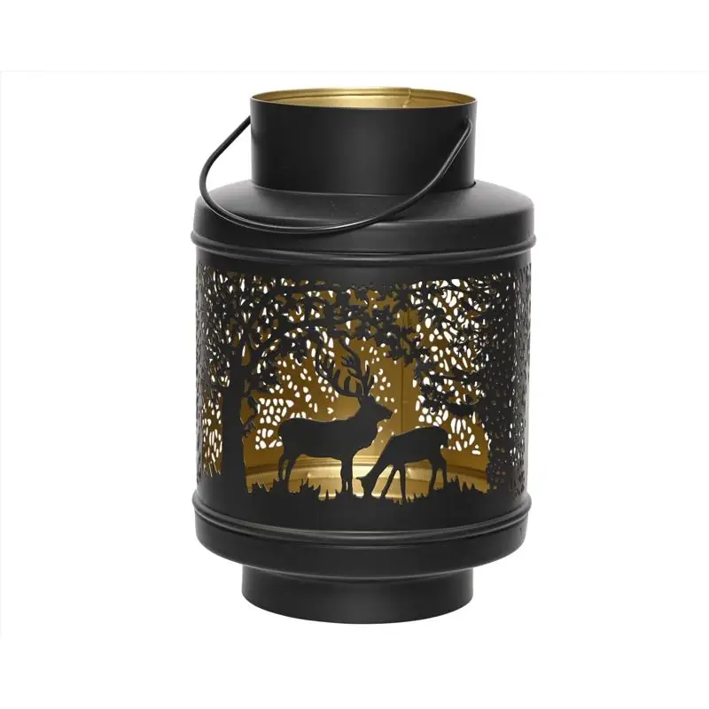 Decoris Black And Gold Deer Lantern 8.66 Inches Iron Material