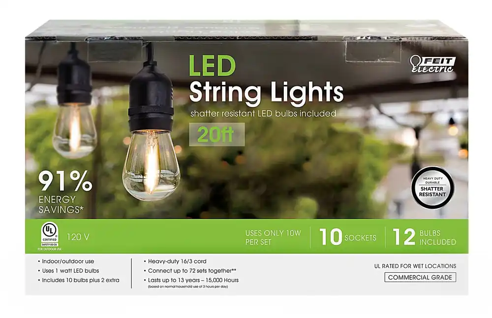 20 Ft Outdoor Led String Light Set With 10 Bulbs And Heavy-duty Cord