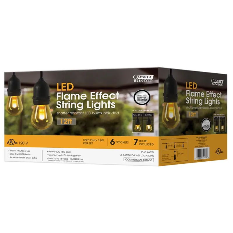 Electric Led Flame Bulb String Lights Amber 12 Ft. With 6 Lights
