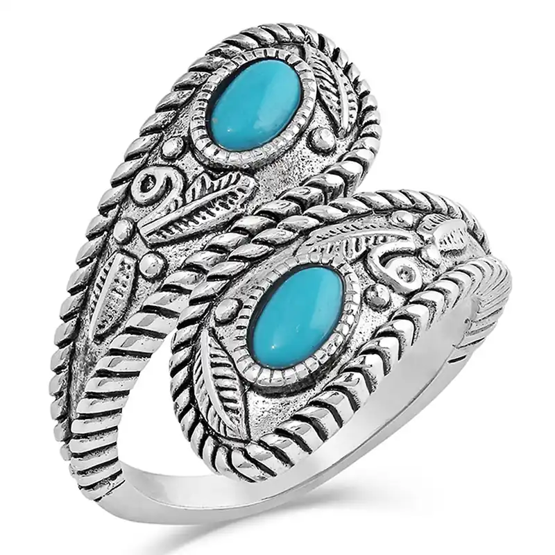 Turquoise Open Ring With Antiqued Silver Finish And Teardrop Stones
