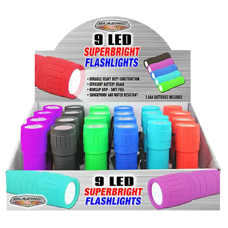 9 LED Super Bright Flashlight, Assorted Colors, 3 AA Batteries