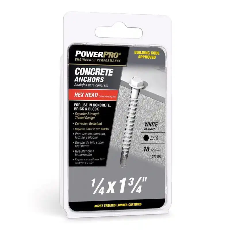 Power Pro 1/4 In. Diameter X 1-3/4 In. Length Carbon Steel Hex Head Concrete Screw Anchor 18 Pieces