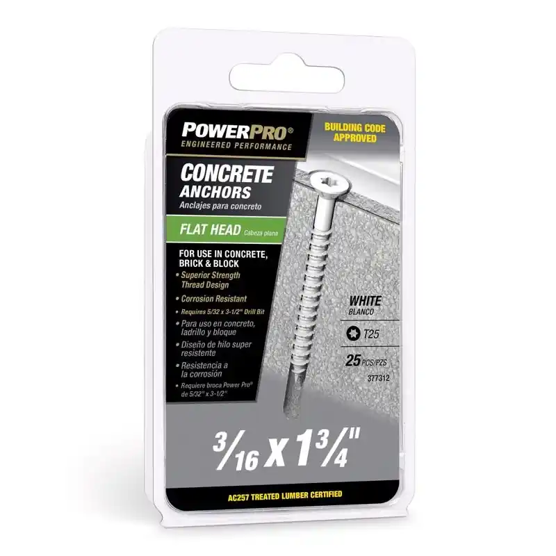 Power Pro 3/16 In. Diameter X 1-3/4 In. Length Carbon Steel Flat Head Concrete Screw Anchor