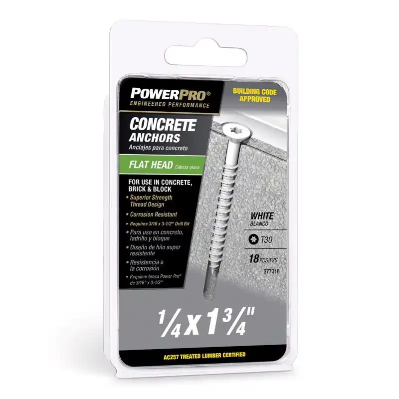 Power Pro 1/4 In. Diameter X 1-3/4 In. Length Carbon Steel Flat Head Concrete Screw Anchor 18 Pieces