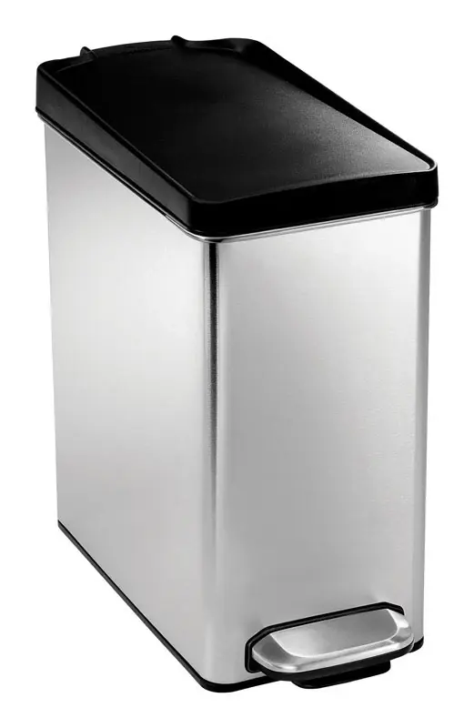 10-Liter Brushed Stainless Steel Slim Profile Step-On Trash Can With Black Plastic Lid