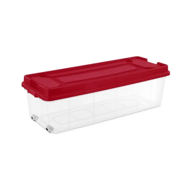 Clear/red Storage Tote With Wheels 15.5 In. H X 52.5 In. W X 20 In. D