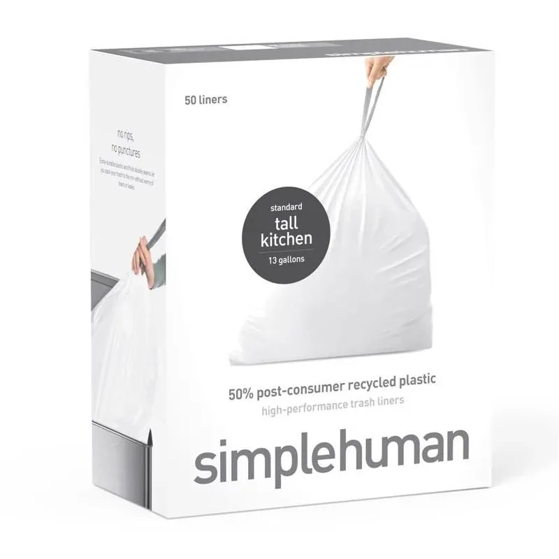Simplehuman 13‑Gallon Tall Drawstring Kitchen Trash Bags – 50‑Count