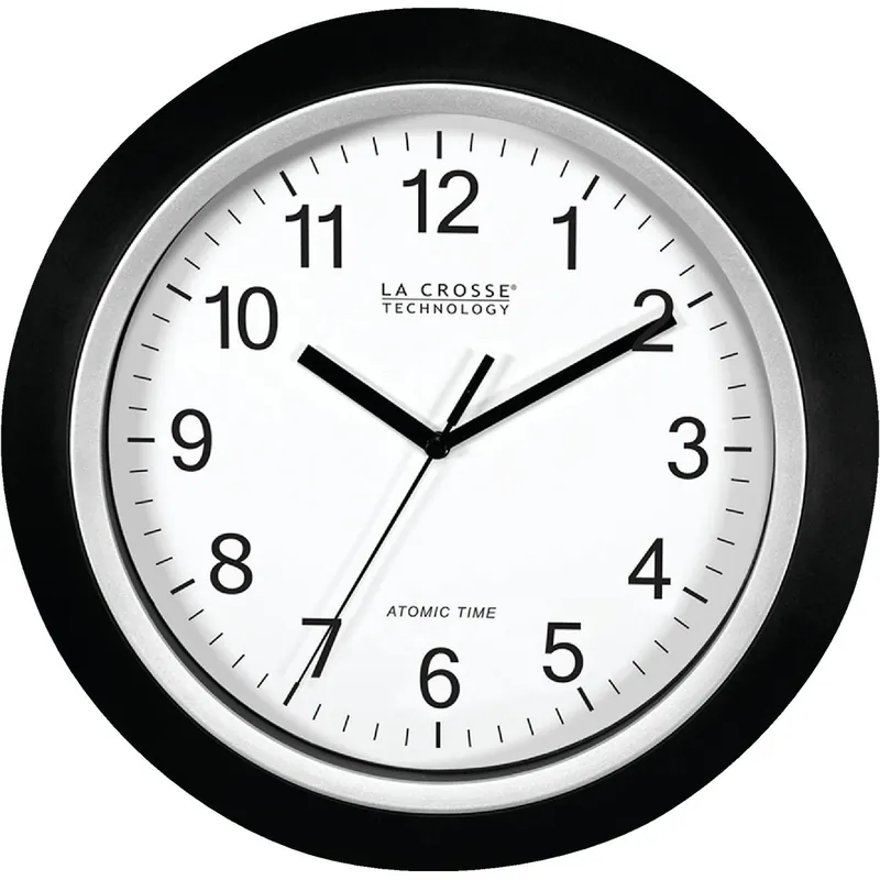 Atomic Analog Wall Clock, Black Plastic Frame, 12-In.