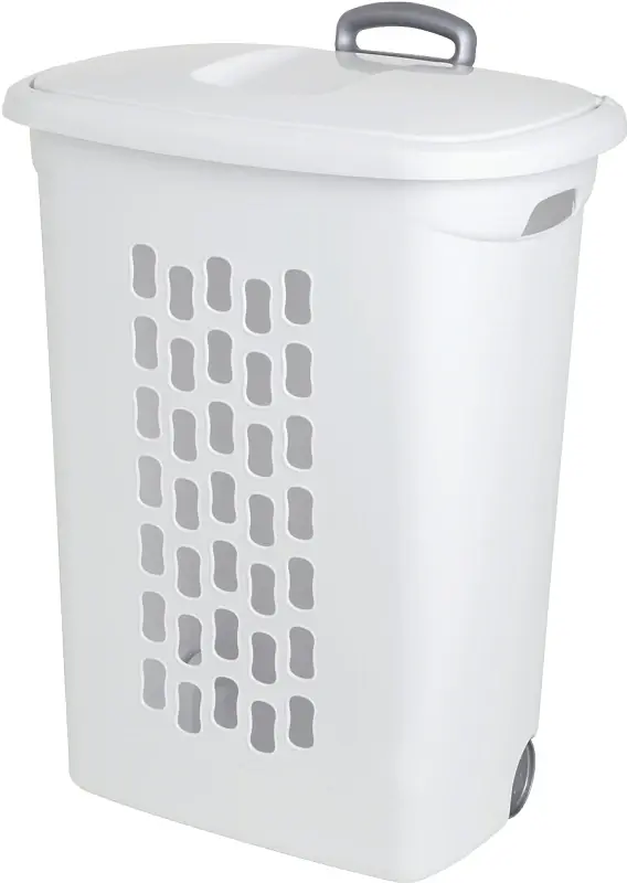 White Plastic Wheeled Laundry Basket With Lid, Model 12228003