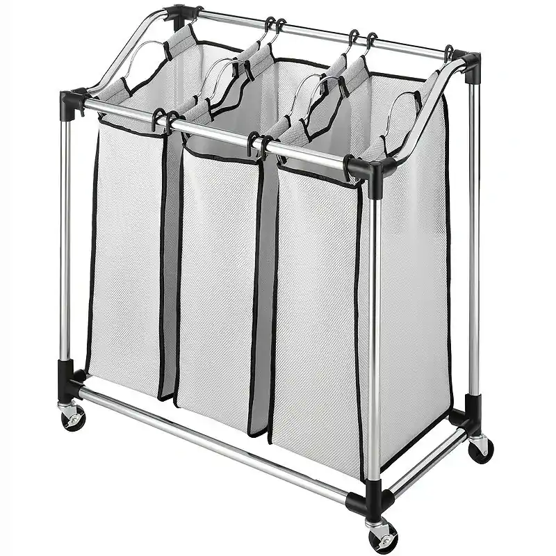 Gray Duramesh Nylon Laundry Sorter With Chrome Frame And 3 Compartments