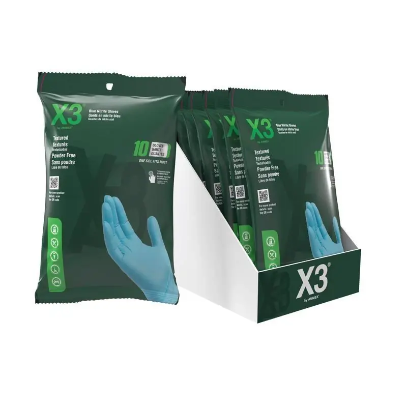 X3 Nitrile Disposable Gloves One Size Fits Most Blue Powder Free 10 Pk