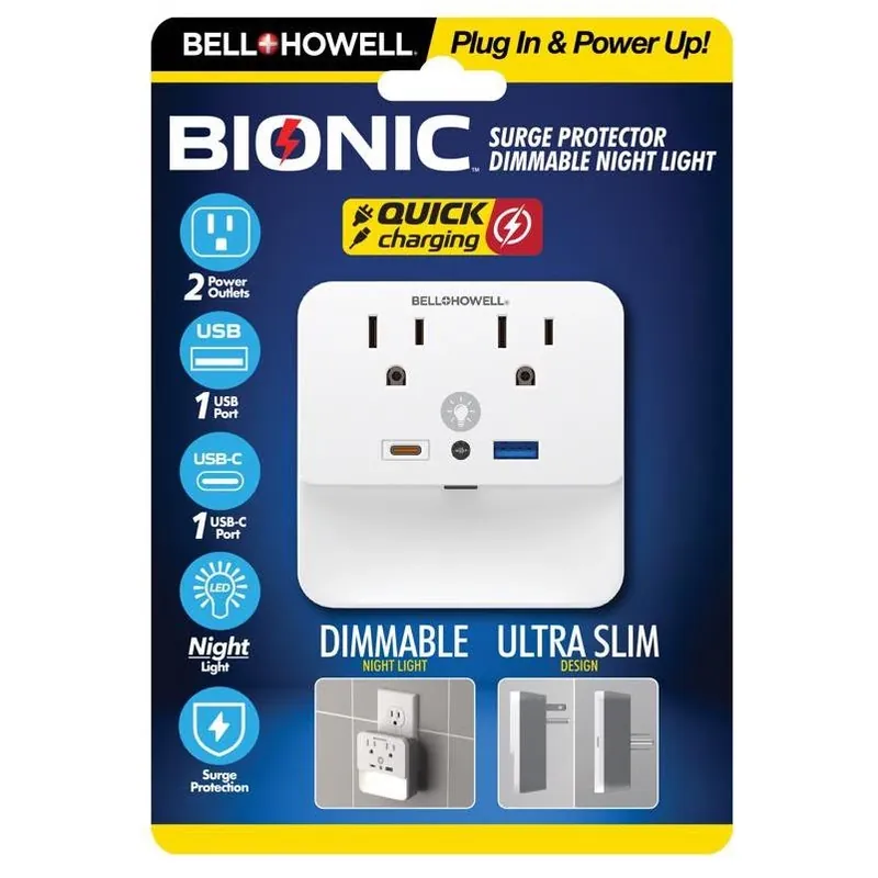 Bell & Howell Bionic Non‑NEMA Plastic Grounding Plug With Night Light – Residential Safety Solution