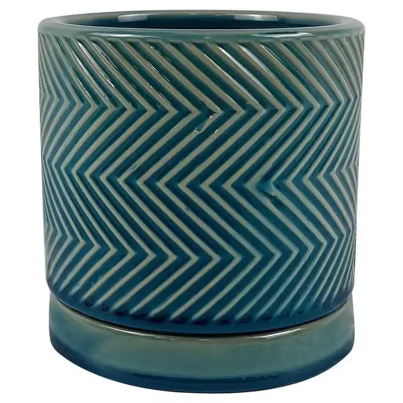 Border Concepts 6‑Inch Blue Ceramic Cross‑Pattern Planter With Saucer