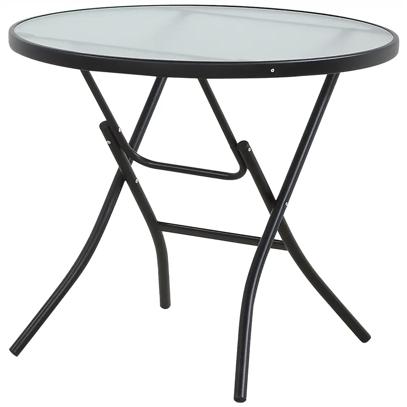 Black Round Glass Folding Bistro Table - 32 Inch Steel Frame