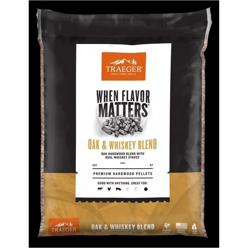 Traeger Oak & Whiskey Stave Wood Pellets – 20 lb Bag