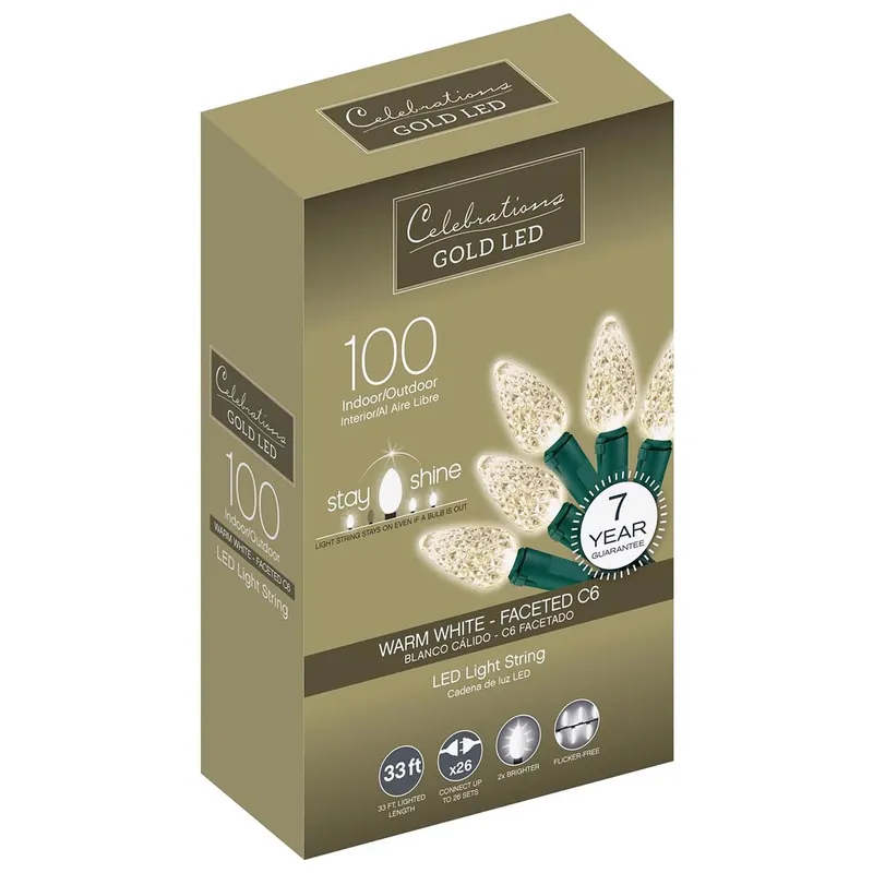Celebrations Gold LED C6 Warm White 100 Ct String Christmas Lights 33 Ft.