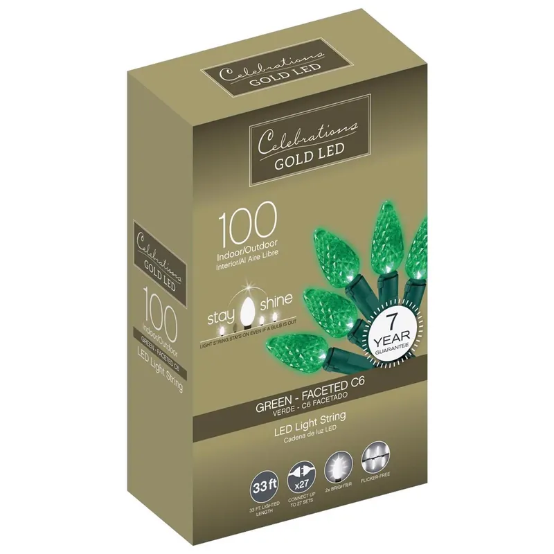 Celebrations Gold LED C6 Green 100 Ct String Christmas Lights 33 Ft.