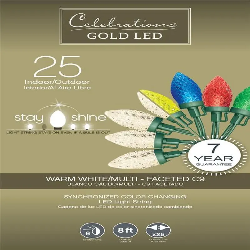 Celebrations Gold LED C9 Multicolored/Warm White 25 Ct String Christmas Lights 8 Ft.