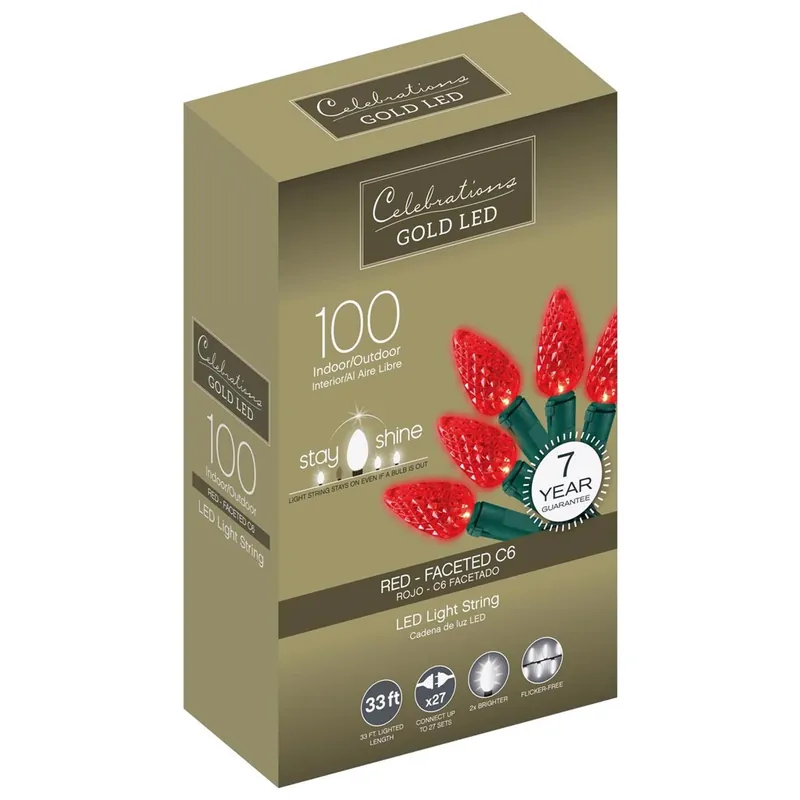 Gold Led C6 Red 100 Bulb String Christmas Lights 33 Ft.