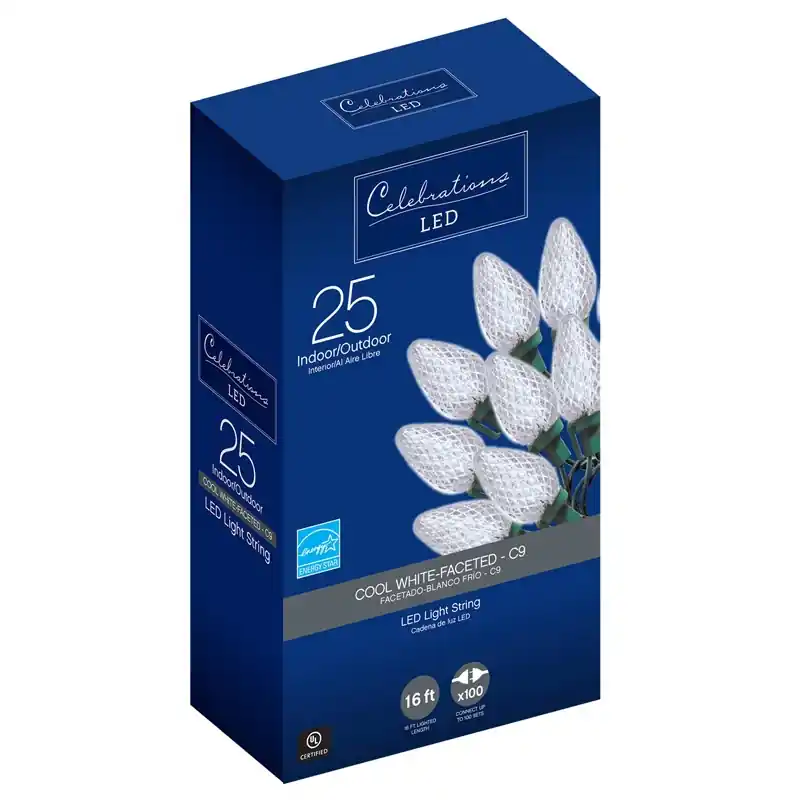 Led C9 Cool White 25 Count String Christmas Lights 16 Feet