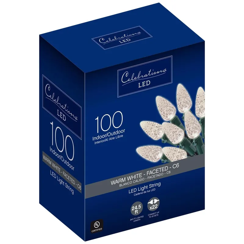 Celebrations Blue LED C6 Warm White 100 Ct String Christmas Lights 24.5 Ft.