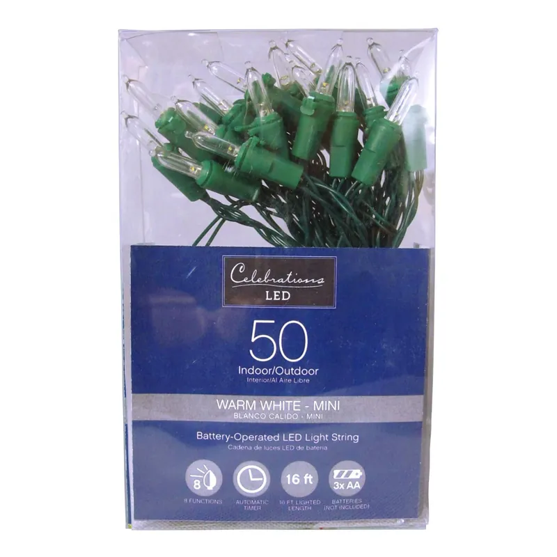 Celebrations Blue LED Mini Warm White 50 Ct String Christmas Lights 16 Ft.