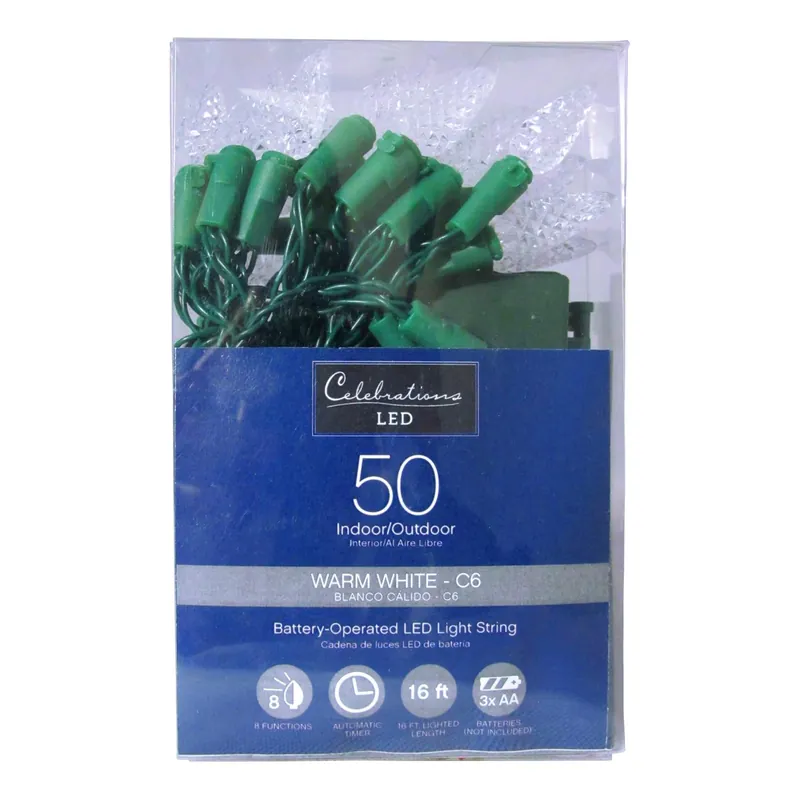 Celebrations Blue LED C6 Warm White 50 Ct String Christmas Lights 16 Ft.