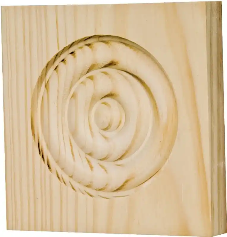 Trim Block Moulding, Rosette, Pine, No Bevel, 3.75 X 3.75 X 1 In.