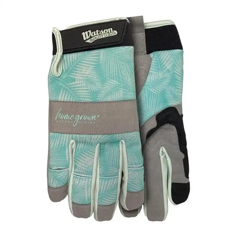 Watson Home Grown Women’s Spandex Gardening Gloves – Gray & Green Tropical Leaf Design, Size M