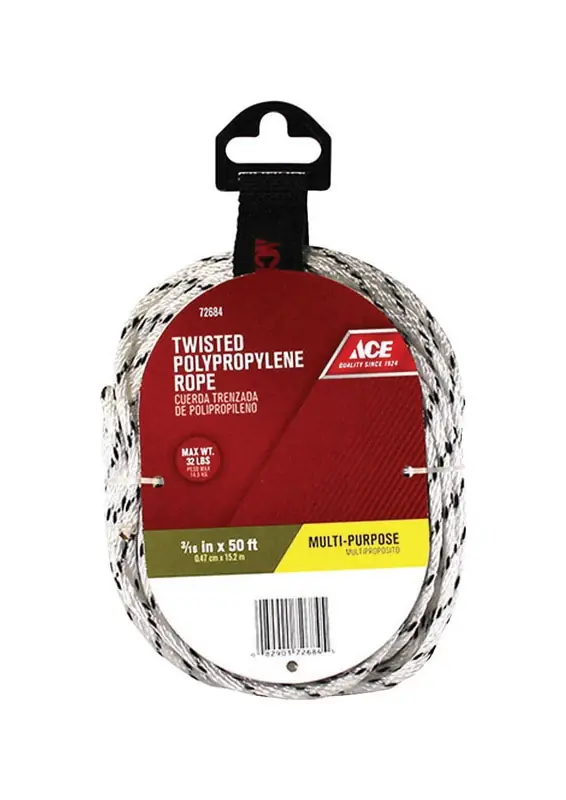 3/16 In. Diameter X 50 Ft. Length White Twisted Polypropylene Rope
