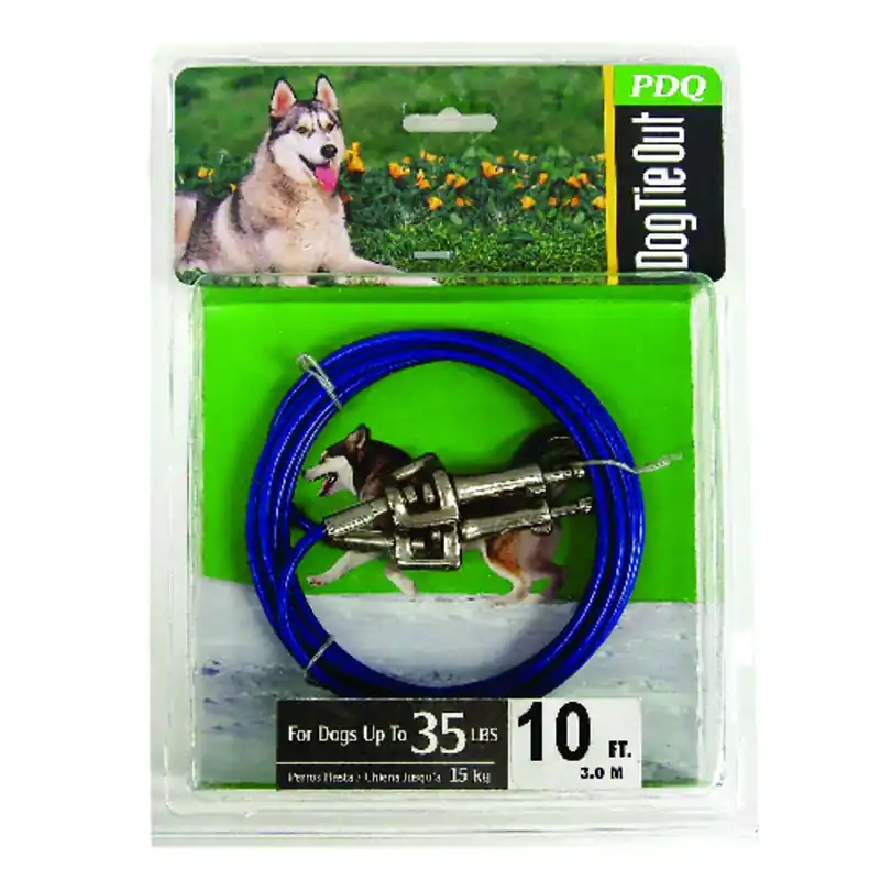 Pdq Blue/silver Vinyl Coated Cable Dog Tie Out - 10 Feet, Medium Size